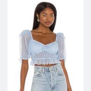 For Love & Lemons Blue Ruched Crop Top Sheer Puff Sleeve Revolve